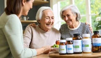 A senior individual and a caregiver discussing various vitamin and supplement bottles like Vitamin D, Calcium, B12, and Omega-3 in a cozy, well-lit home setting.