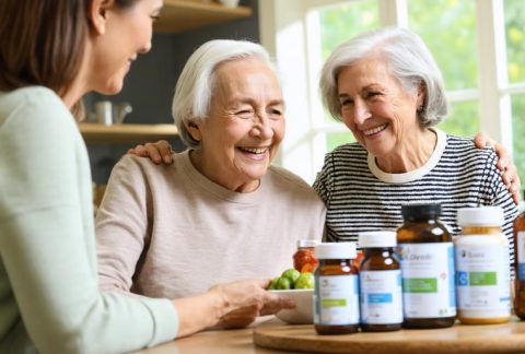A senior individual and a caregiver discussing various vitamin and supplement bottles like Vitamin D, Calcium, B12, and Omega-3 in a cozy, well-lit home setting.