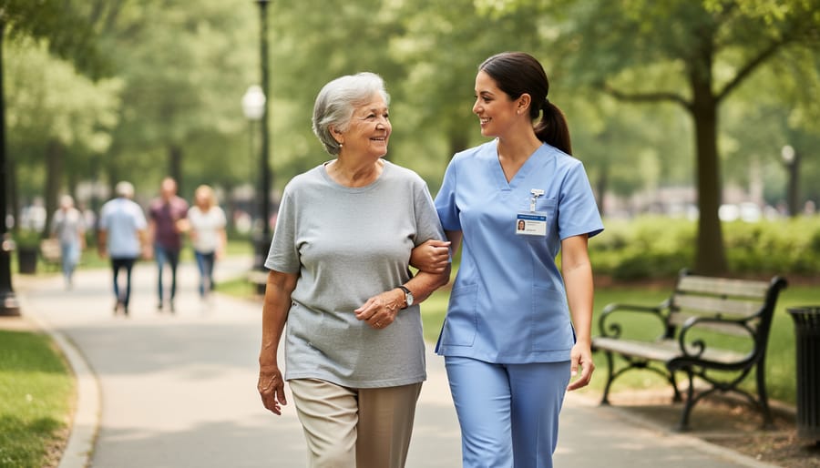 A caregiver and an older adult walk together down a quiet hallway with dignified, supportive companionship.