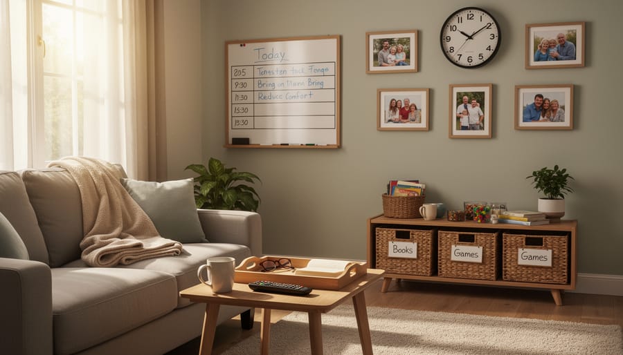 A sunlit kitchen table with everyday items placed neatly, suggesting comfort from familiar routines.
