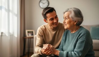 “Caregiver holding the hand of an elderly parent in a softly lit living room near a window, representing Alzheimer’s support and compassionate home care.”