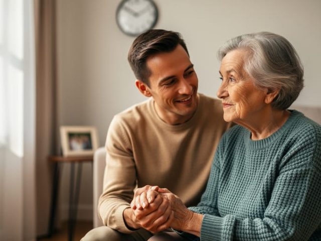 “Caregiver holding the hand of an elderly parent in a softly lit living room near a window, representing Alzheimer’s support and compassionate home care.”