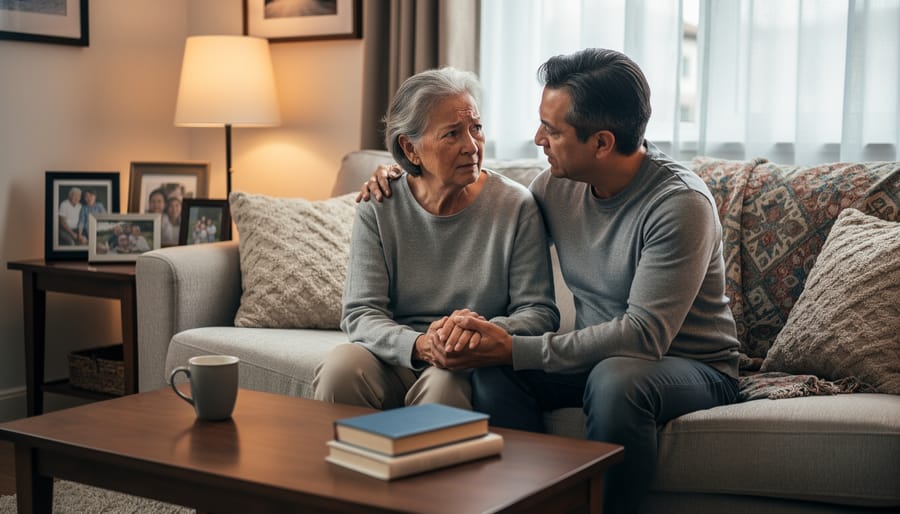 An adult child holds their parent’s hand in a warm, familiar living room setting.