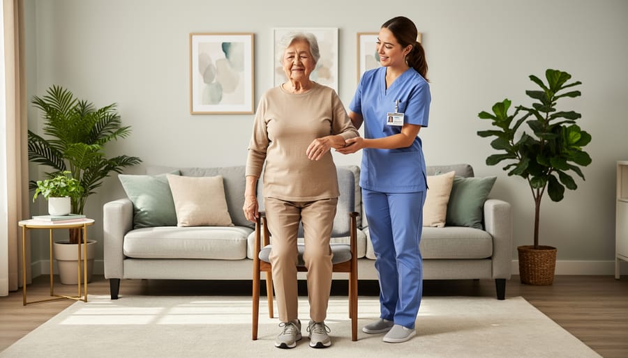 Elderly woman practicing balance with a caregiver’s support in a bright living room near a countertop.