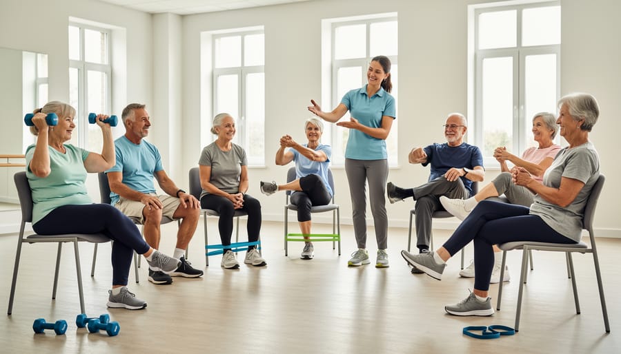 Senior man seated and exercising with a resistance band in a home environment.