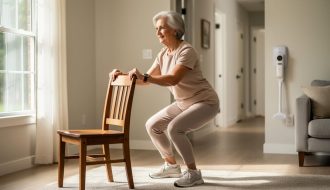 Elderly woman doing a chair-supported squat at home, demonstrating safe balance and gentle strength training.