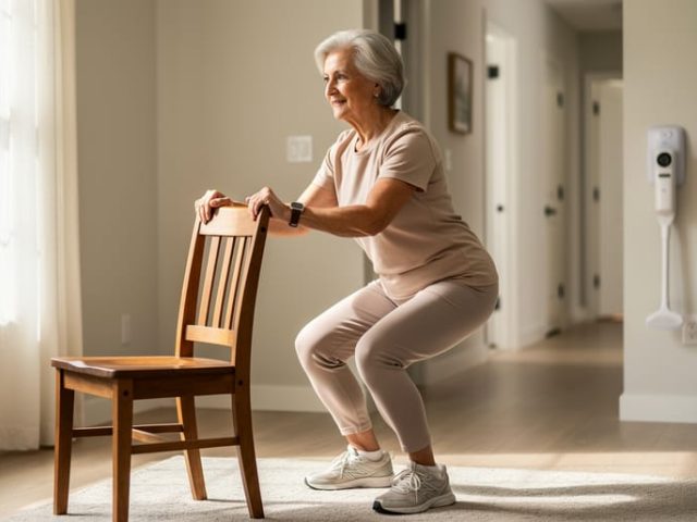 Elderly woman doing a chair-supported squat at home, demonstrating safe balance and gentle strength training.