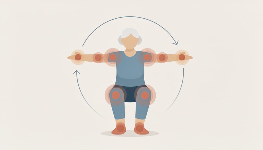 Close-up of a senior’s hands stretching near a yoga mat and a sturdy chair in a quiet living room.
