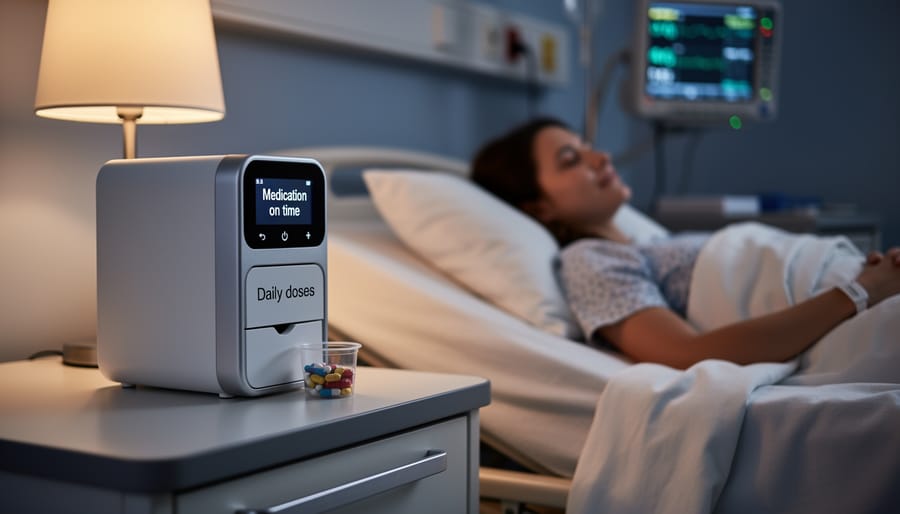 A medication dispenser with a tray on a bedside table near a glass of water.