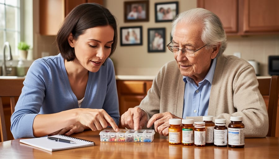 A caregiver helps an elderly person use a pill organizer at the kitchen table.