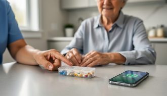 An older adult at a kitchen table with a smart pill organizer and a smartphone reminder, while a caregiver’s hand assists gently.
