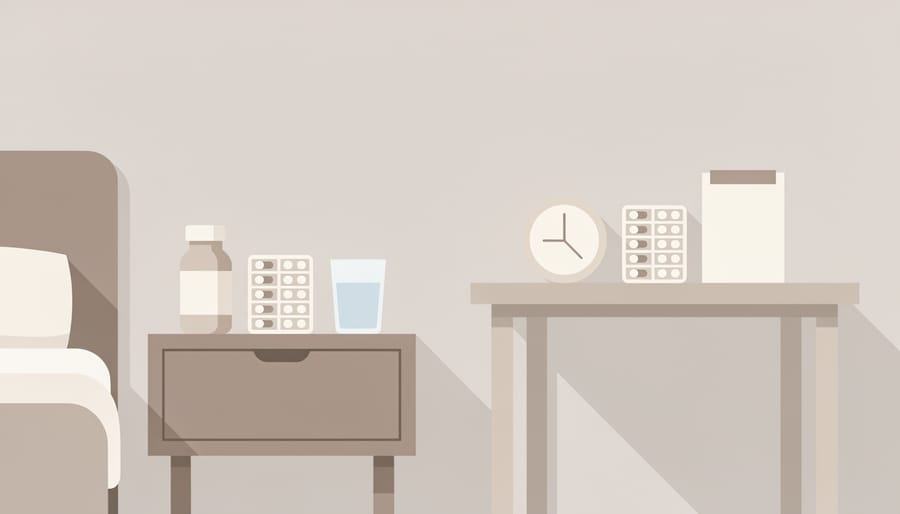 Medication-related items on a table ready to support checking and reminders.