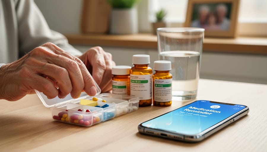 A smartphone on a nightstand near an elderly person’s hand for medication reminder alerts.