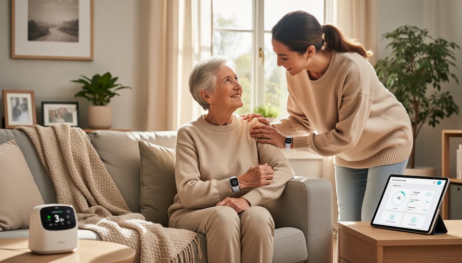 Elderly person at home wearing a health-monitoring device while a family member offers support nearby