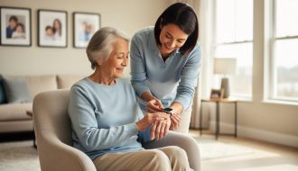 Elderly woman at home in a living room with a wearable health-monitoring device while a loved one calmly assists her.