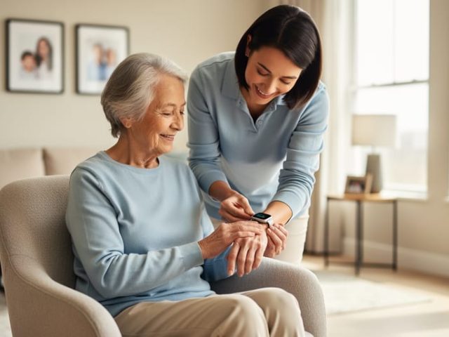 Elderly woman at home in a living room with a wearable health-monitoring device while a loved one calmly assists her.