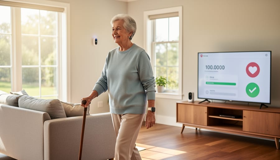 Senior and caregiver walking together indoors in a bright, safe home environment
